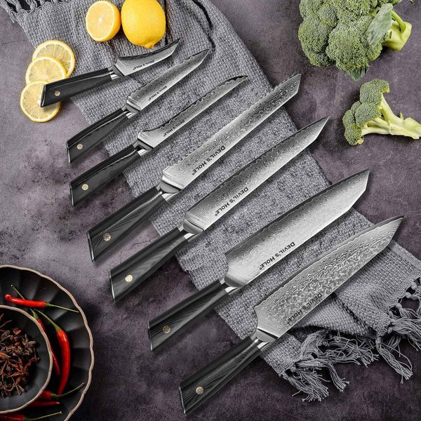 Devil's Hole® Damask Knife | Knife Block Set | Knife Set | Professional Chef Knife | 9-piece | Black