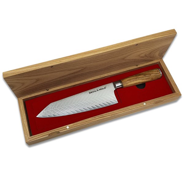Devil's Hole® Damask Knife | 67 Layers | with olive wood handle | Gift box made of ash wood