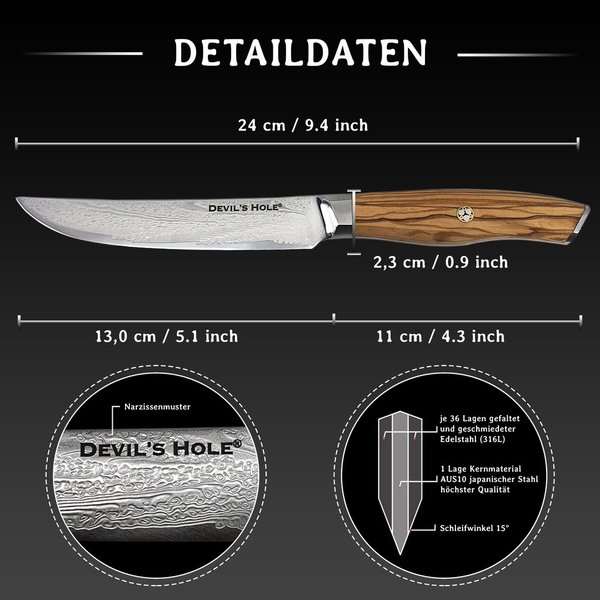 Devil's Hole® Steak Knife Set of 6 | Damask Knife | 73 layers | Olive wood handle | Storage box