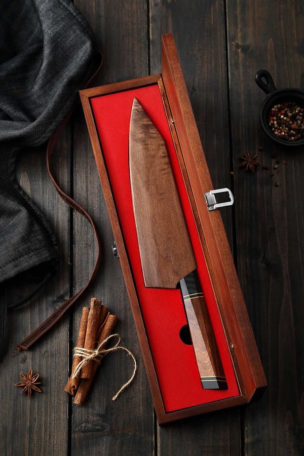 Devil's Hole® Damask knife |110 Layers | desert iron wood handle | acacia box | magn. walnut sheath