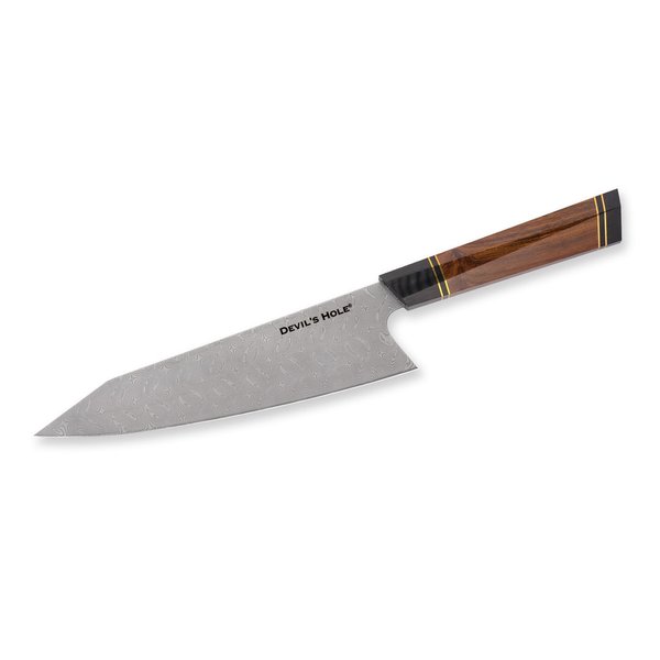 Devil's Hole® Damask knife |110 Layers | desert iron wood handle | acacia box | magn. walnut sheath