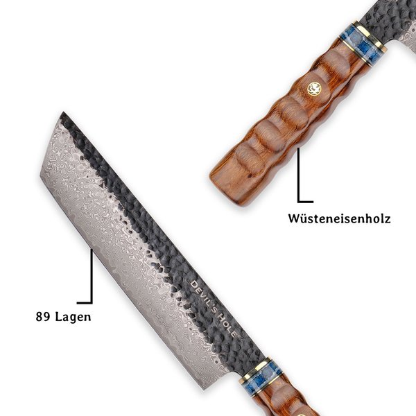 Devil's Hole® damask knife | Nakiri | mammoth tooth | desert iron wood handle | 89 layers