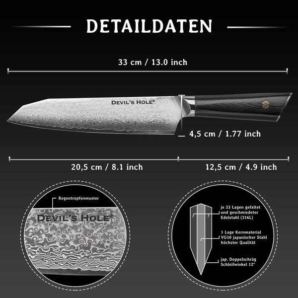 Devil's Hole® Damask Knife | Santoku Knife | Professional Chef Knife | extremely sharp kitchen knife