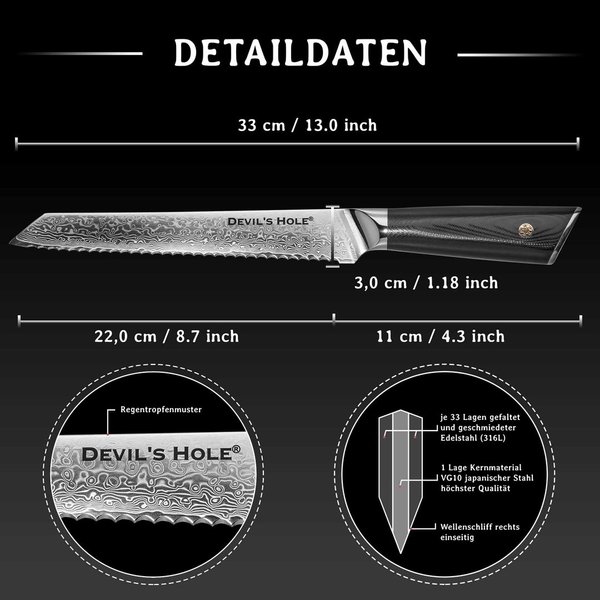 Devil's Hole® Damastmesser | Brotmesser | Profi Kochmesser | scharfes Küchenmesser | Schwarz