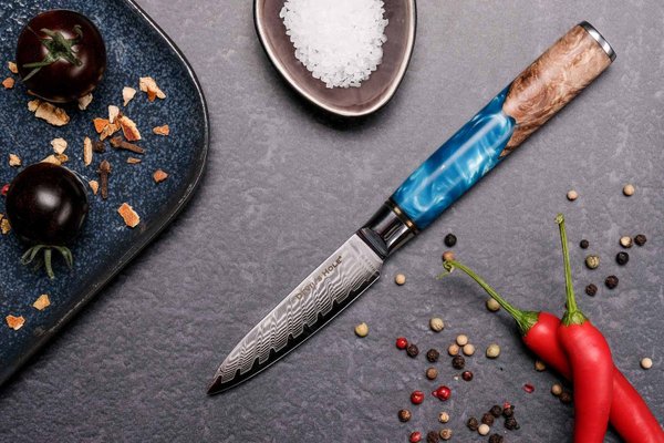 Devil's Hole® Deep Blue Damask Knife | paring knife 3.5 inch | 67 layers | Maple epoxy resin handle
