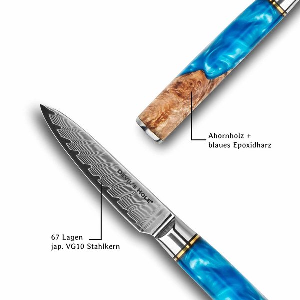 Devil's Hole® Deep Blue Damask Knife | paring knife 3.5 inch | 67 layers | Maple epoxy resin handle