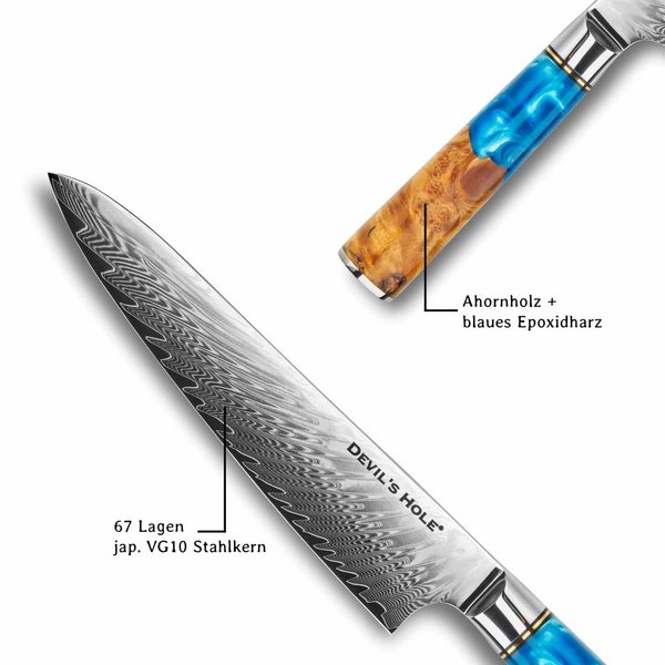Devil's Hole® Deep Blue Damask Knife | Chef knife | 67 layers | Maple epoxy resin handle
