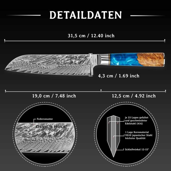 Devil's Hole® Deep Blue Damask Knife | Santoku knife 7.0 inch | 67 layers | Maple epoxy handle