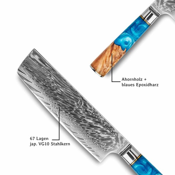 Devil's Hole Deep Blue Damask Knife | Nakiri knife 7.0 inch | 67 layers | Maple epoxy resin handle