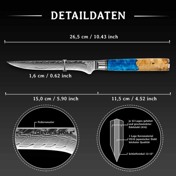 Devil's Hole® Deep Blue Damask Knife | Boning knife | 67 layers | Maple epoxy resin handle