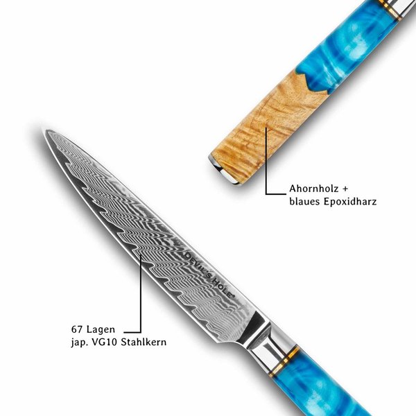 Devil's Hole® Deep Blue Damask Knife | Universal knife 5.0 inch | 67 layers | Maple epoxy handle