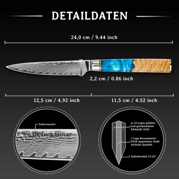 Devil's Hole® Deep Blue Damask Knife | Universal knife 5.0 inch | 67 layers | Maple epoxy handle