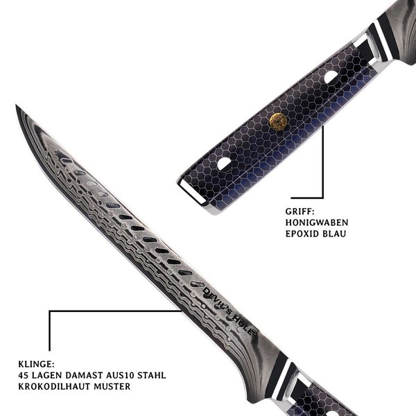 Devil's Hole® Damask Knife | Boning knife | Crocodile skin | Honeycomb Epoxy resin handle | 45layers