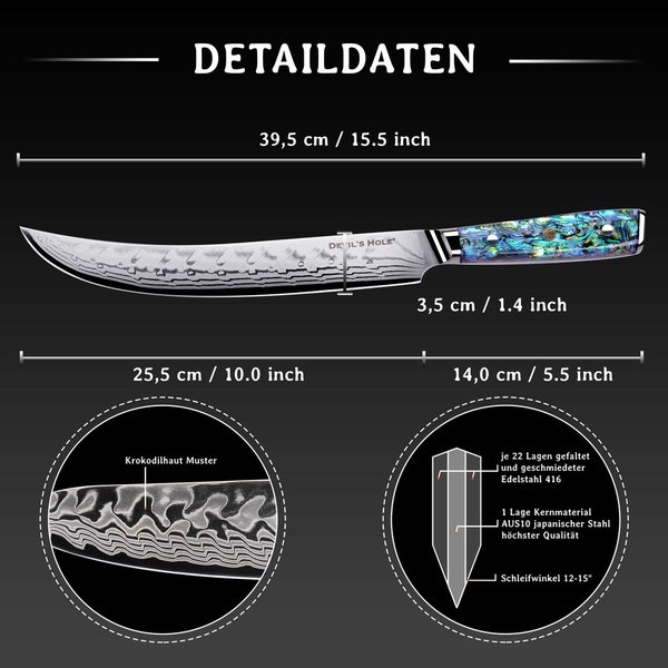Devil's Hole® Abalone Damask Knife | disassembly knife 10 inch | 45 layers |epoxy resin handle