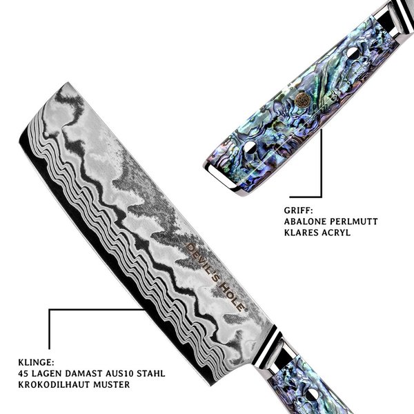 Devil's Hole Abalone Damask Knife | Nakiri knife 7.0 inch | 45 layers | epoxy resin handle