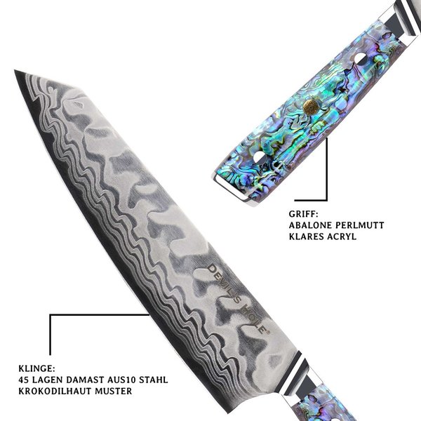 Devil's Hole® Abalone Damask Knife | Kiritsuke 8,0 inch | 45 layers | epoxy resin handle