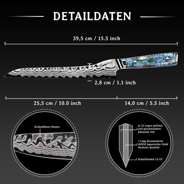 Devil's Hole® Abalone Damask Knife | Bread knife 7.5 inch | 45 layers | epoxy resin handle
