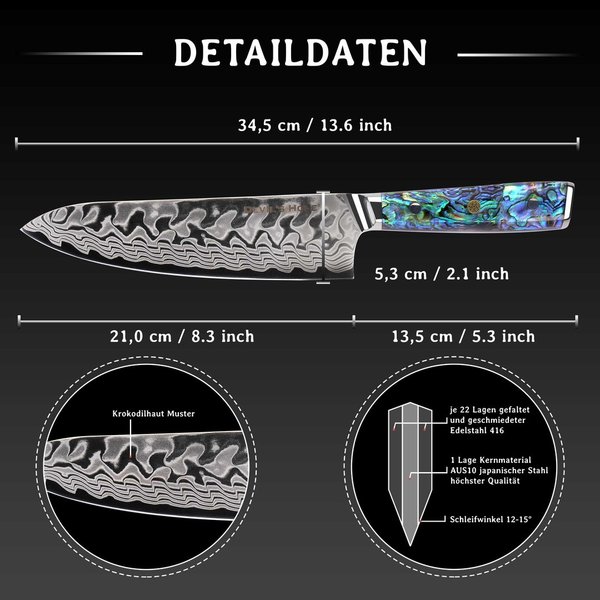 Devil's Hole® Abalone Damask Knife | Chef knife | 45 layers | epoxy resin handle