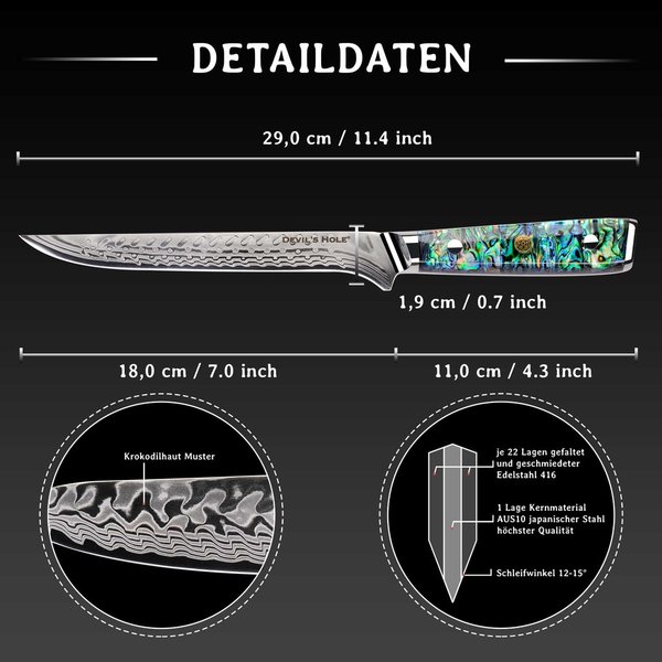 Devil's Hole® Abalone Damask Knife | Boning knife | 45 layers | epoxy resin handle