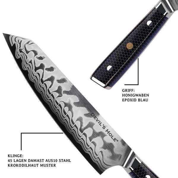 Devil's Hole® Damask Knife | Kiritsuke Crocodile Skin Pattern | honeycomb epoxy resin handle