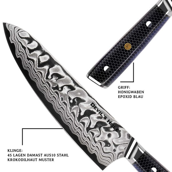 Devil's Hole® Damask Knife | Chef's knife | Crocodile skin | Honeycomb epoxy resin handle | 45 layer