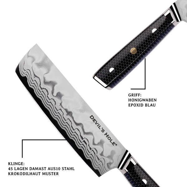 Devil's Hole® Damask Knife | Nakiri knife | Crocodile skin | Honeycomb epoxy resin handle |45 layers